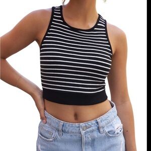 NWOT MEROKEETY Sleeveless Rib Knit Fitted Striped Crop Top. Size Small